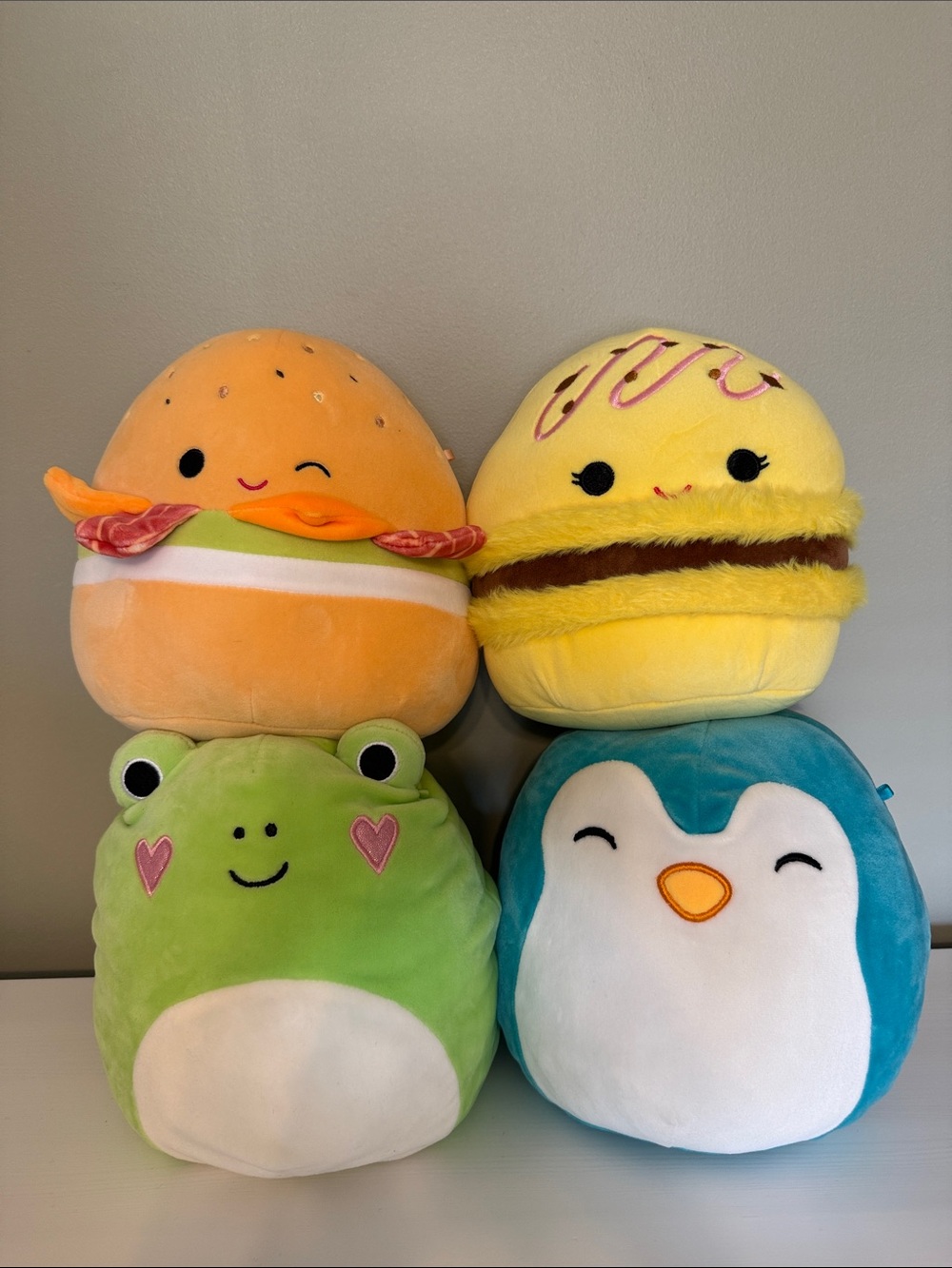 Squishmallows Burger, Macaroon, Green Frog, Blue Penguin Plush Set